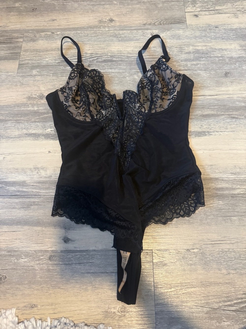 Black Lace V-Neck Bodysuit with Scalloped Trim